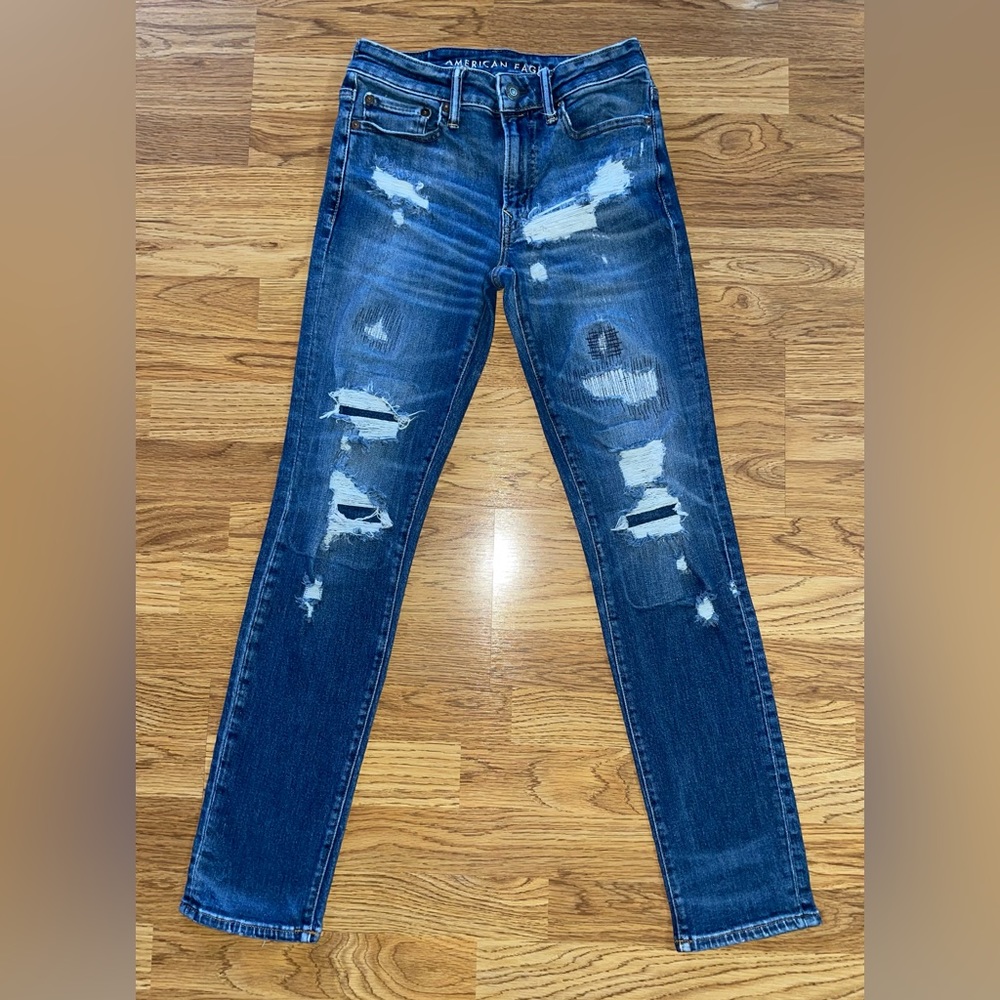 American Eagle Next Level Airflex Slim Jeans Mens 28x32 Distressed Patch Zigzag